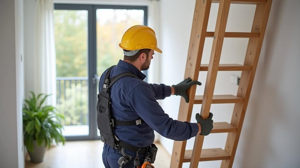 Technicien en train d’installer un monte-escalier dans une maison à Fréhel