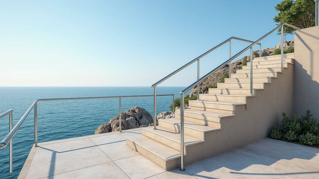 Monte-escalier extérieur installé sur une terrasse à Fréhel en bord de mer