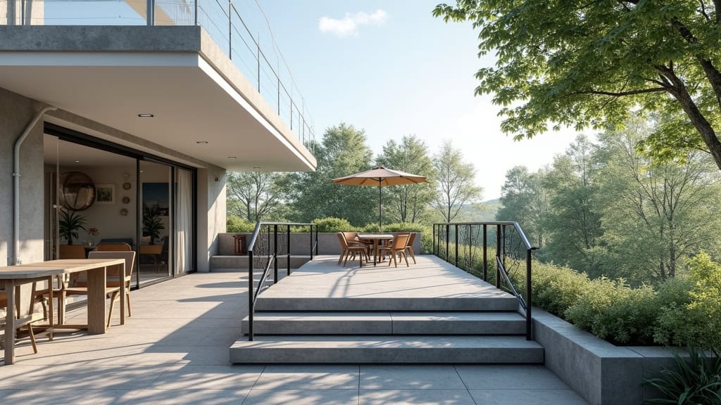 Monte-escalier avec rail protégé installé sur une terrasse extérieure à Fréjairolles, permettant d