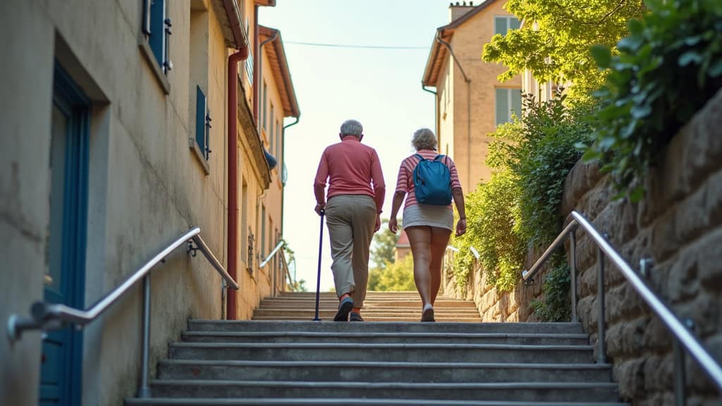 Personne âgée utilisant tranquillement un monte-escalier à Fromelennes, en plein jour, avec vue sur la rue