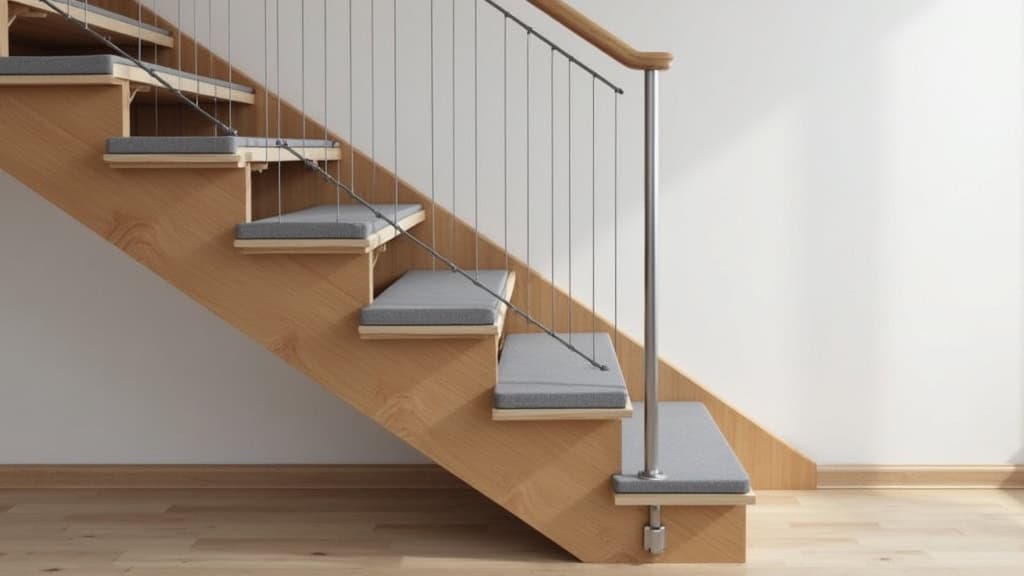 Monte-escalier siège installé sur escalier droit en bois dans une maison traditionnelle de Fumel, avec rampe en aluminium et sièges en tissu gris foncé