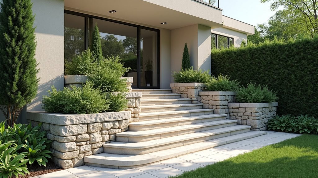 Monte-escalier extérieur installé sur un escalier en pierre menant au jardin d