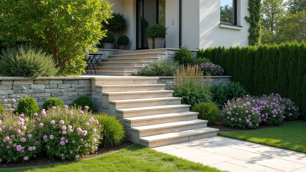 Monte-escalier extérieur installé sur un escalier en pierre menant au jardin d