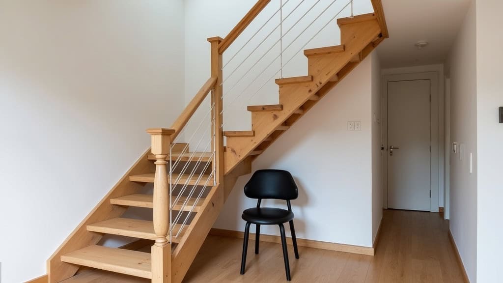 Monte-escalier courbe installé sur un escalier en bois avec un virage, dans une maison traditionnelle de Garons, avec un siège noir et rail blanc discret