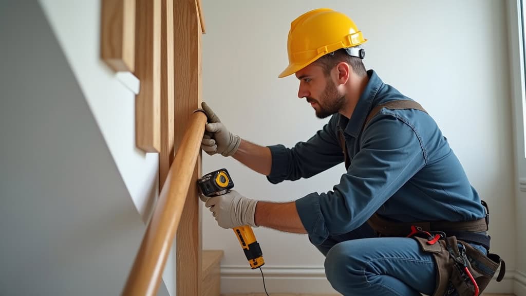 Technicien installateur de monte-escalier en train de vérifier le rail d’un monte-escalier installé dans une maison à Garons, avec outils et mètre, en tenue professionnelle