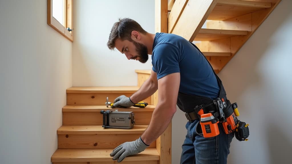 Technicien installant un monte-escalier droit sur un escalier en bois à Gasny, avec outils et matériel de pose visibles