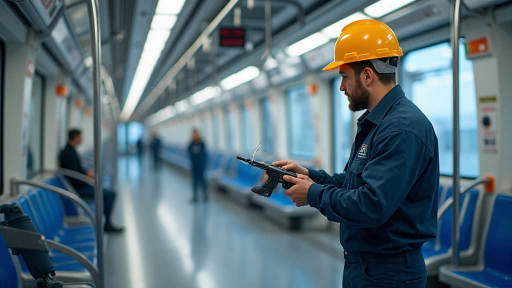Technicien en train de nettoyer et vérifier le rail d