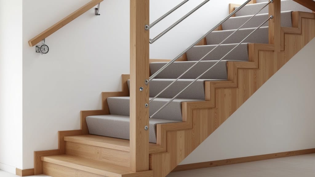 Monte-escalier droit installé sur un escalier en bois massif typique des maisons de Gelos, avec siège en tissu gris et rail métallique discret