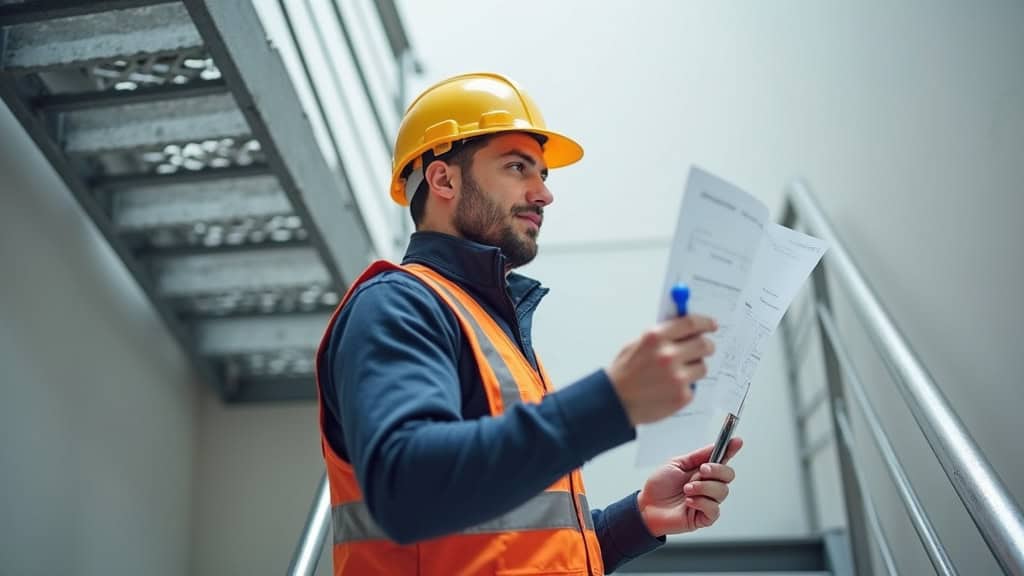Professionnel du monte-escalier en tenue de travail, en train de montrer un plan d