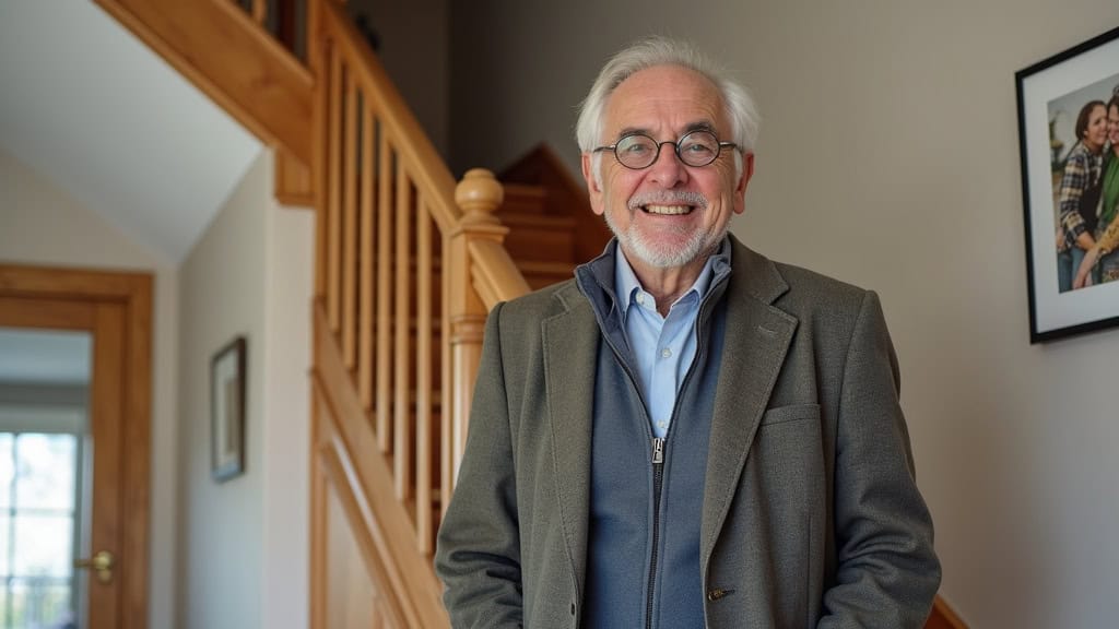 Monsieur Robert, 78 ans, à Geneston, souriant en utilisant son monte-escalier droit, entouré de photos de famille