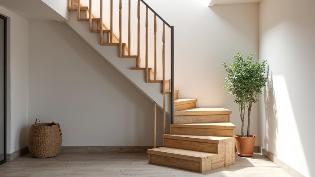 Monte-escalier installé dans un escalier intérieur à Giberville, avec siège en bois et rail discret, dans une maison ancienne typique du Calvados