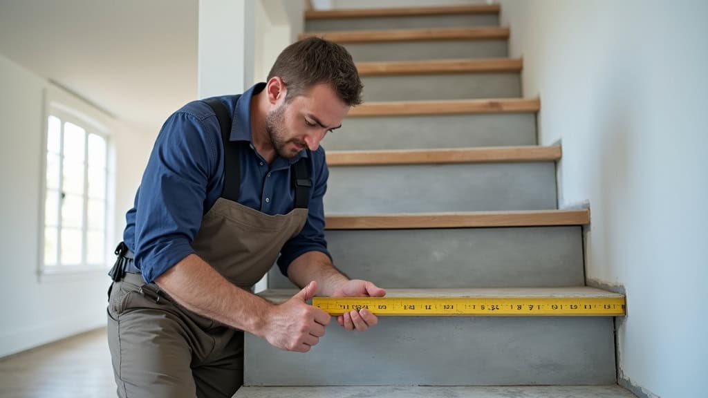 Technicien mesurant un escalier à Giberville avec un ruban à mesurer et un niveau, pour préparer l