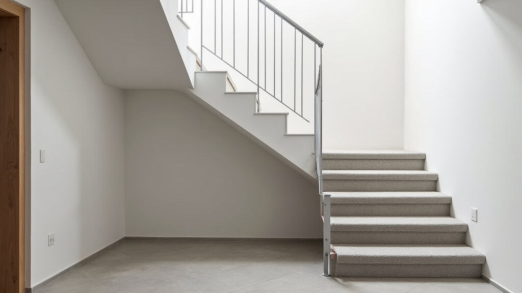 Monte-escalier droit installé dans un intérieur de maison à Gièvres, avec un rail discret en aluminium et un siège ergonomique en tissu gris, intégré harmonieusement dans un coin de l