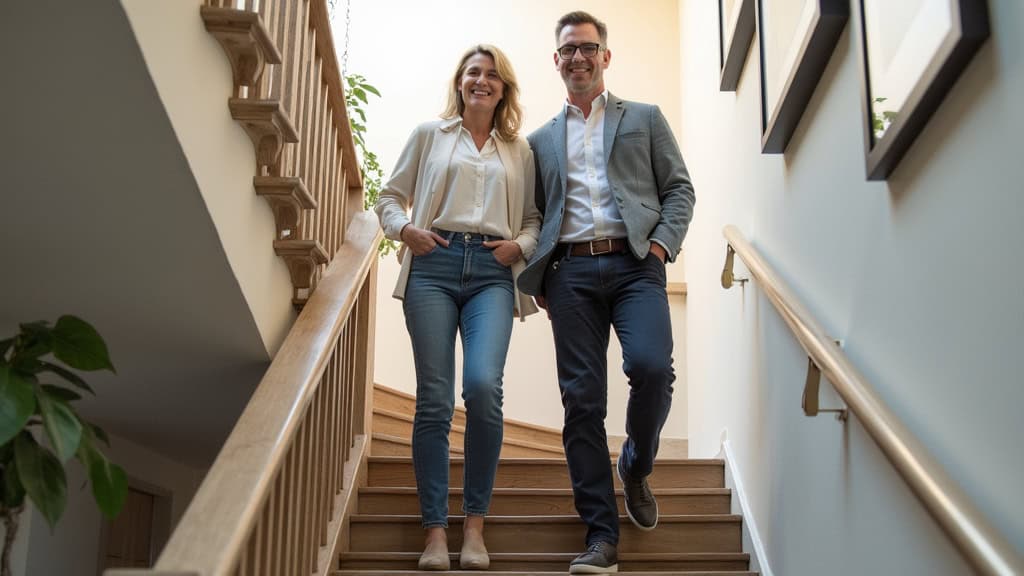 M. et Mme Martin avec leur monte-escalier droit installé dans leur maison à Gignac, souriants sur le palier