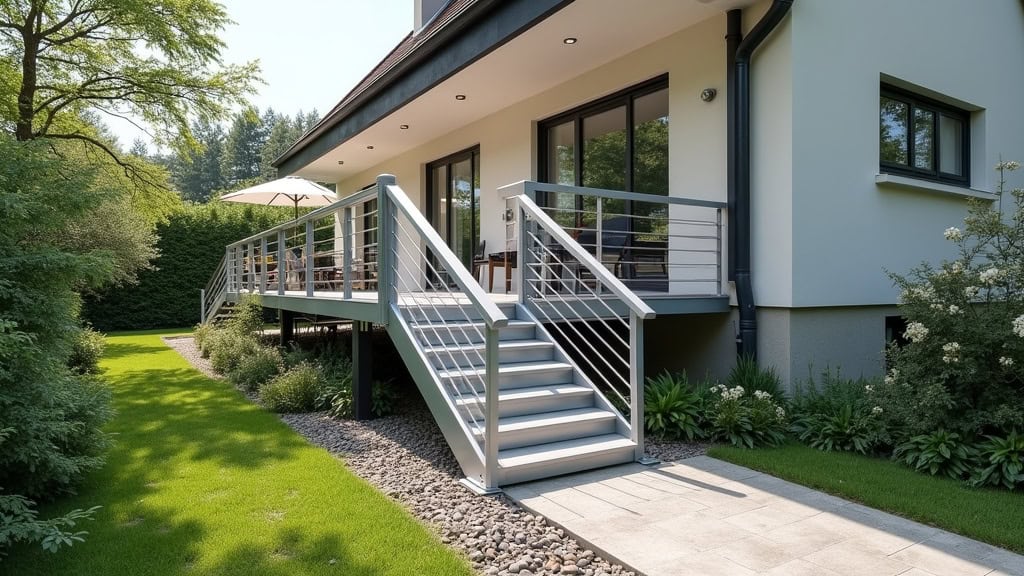 Monte-escalier extérieur en aluminium anodisé installé devant une entrée de maison à Givenchy-en-Gohelle, avec rampe et siège, résistant aux intempéries et intégré dans un jardin fleuri