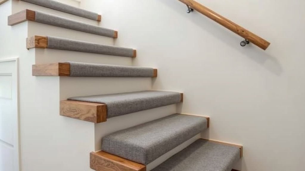 Monte-escalier installé sur un escalier droit en bois à Gommegnies, avec siège en tissu gris et rail fin en aluminium, intégré discrètement dans l