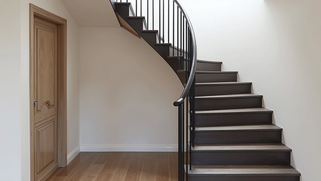 Monte-escalier tournant avec rail courbé installé sur un escalier à virage dans une maison de Gommegnies, siège en cuir noir et rail en aluminium poli, intégré à l’architecture ancienne