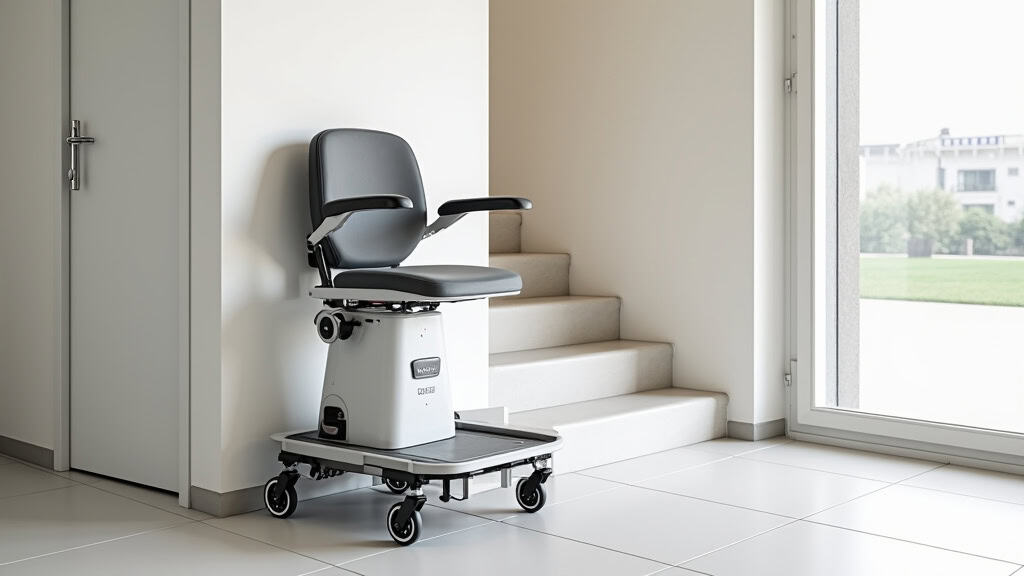 Plateforme monte-escalier avec fauteuil roulant en position montée sur un escalier droit, sol en carrelage, cadre en aluminium et système de sécurité visible, dans une maison de Gommegnies