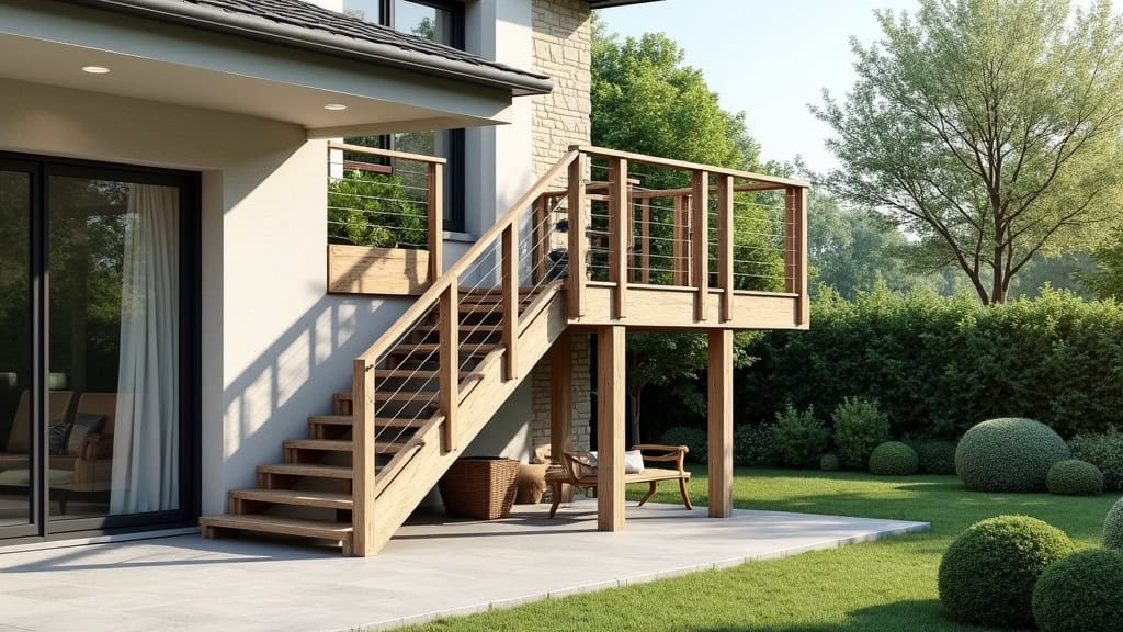 Monte-escalier extérieur installé pour accéder à une terrasse en hauteur dans un jardin à Goudargues