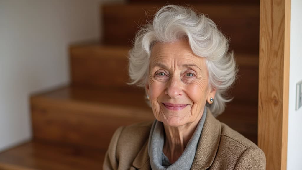 Michèle, 78 ans, souriante, posant avec son monte-escalier droit installé dans son escalier en bois