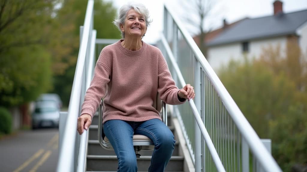 Personne âgée utilisant un monte-escalier tournant à Gouzeaucourt, souriante, en train de monter les marches avec un siège ergonomique et un rail discret.