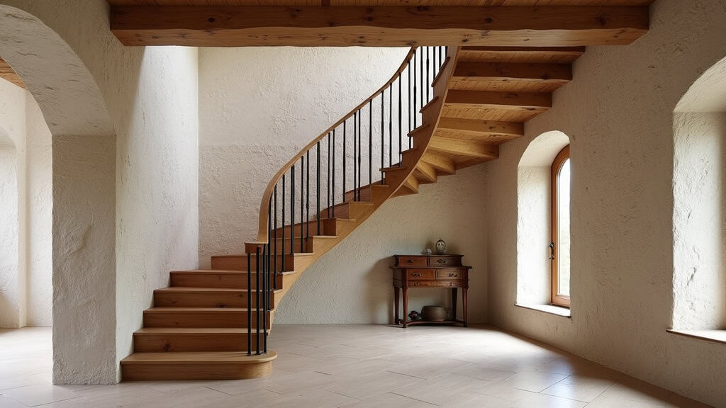 Monte-escalier courbe installé sur un escalier en bois avec palier, dans une maison en pierre typique de Grand