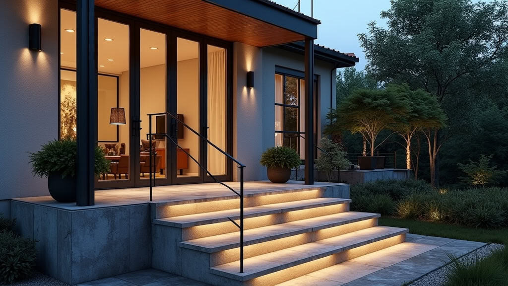 Monte-escalier extérieur en acier inoxydable installé sur une entrée de maison à Grand-Fougeray, avec pluie légère et lumière tamisée