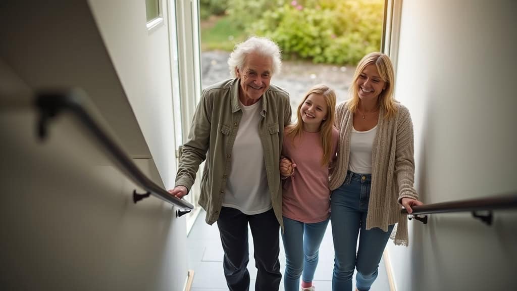 Personne âgée utilisant un monte-escalier tournant chez elle à Grandfontaine, avec un sourire, entourée de sa famille dans l