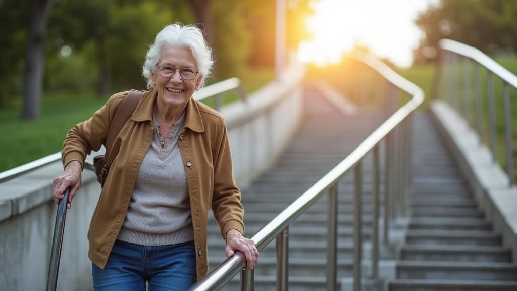 Personne âgée utilisant un monte-escalier droit à Grandvilliers, en train de monter tranquillement les marches, main sur la commande, sourire apaisé