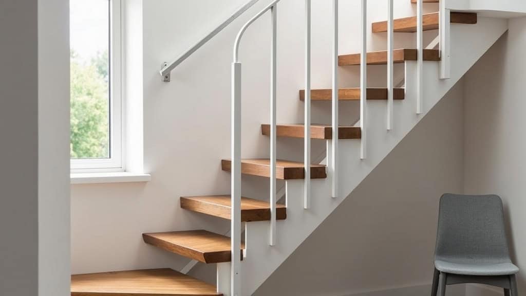Monte-escalier droit installé sur un escalier en bois dans une maison grenobloise, avec siège gris et rail blanc
