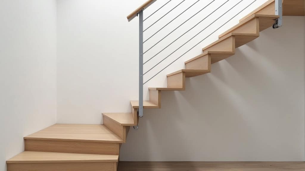 Monte-escalier installé dans un escalier en bois, avec siège gris et rail blanc, vue d