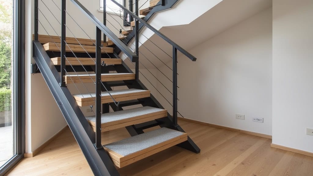 Monte-escalier tournant en aluminium noir et siège en tissu gris, intégré dans un escalier en bois dans une maison de Griesheim-sur-Souffel