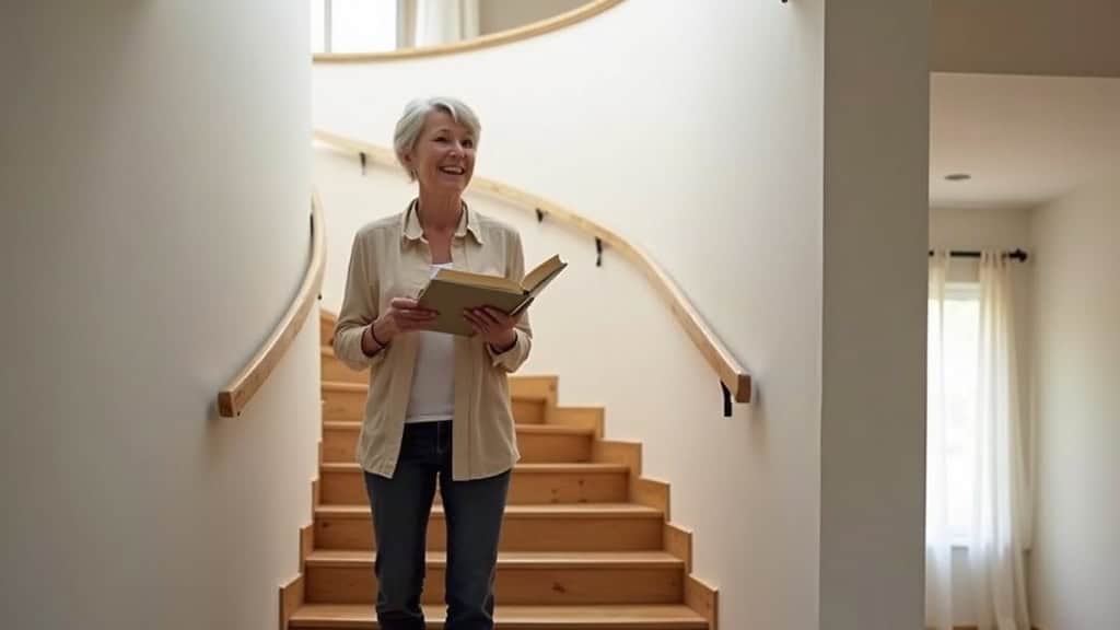 Personne âgée utilisant un monte-escalier courbe dans une maison de Guécélard, souriante, avec un livre à la main, en train de monter vers l