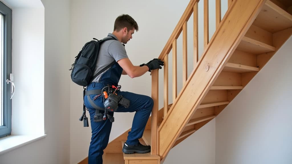 Technicien installant un monte-escalier à siège sur un escalier tournant dans une maison traditionnelle de Guemps