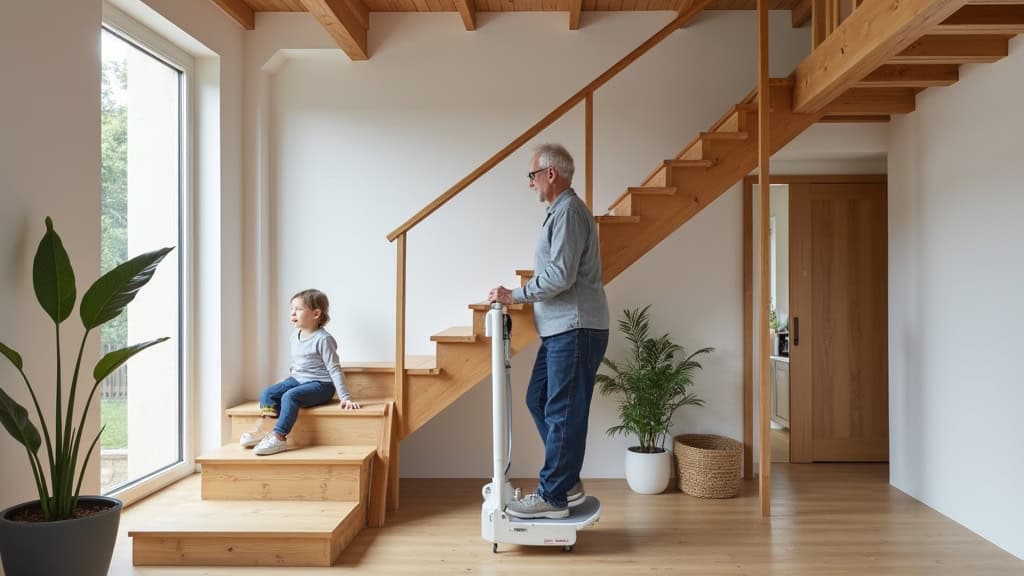 Monte-escalier à siège installé sur un escalier en bois dans une maison typique de Guemps, avec un adulte âgé utilisant le siège en toute sécurité