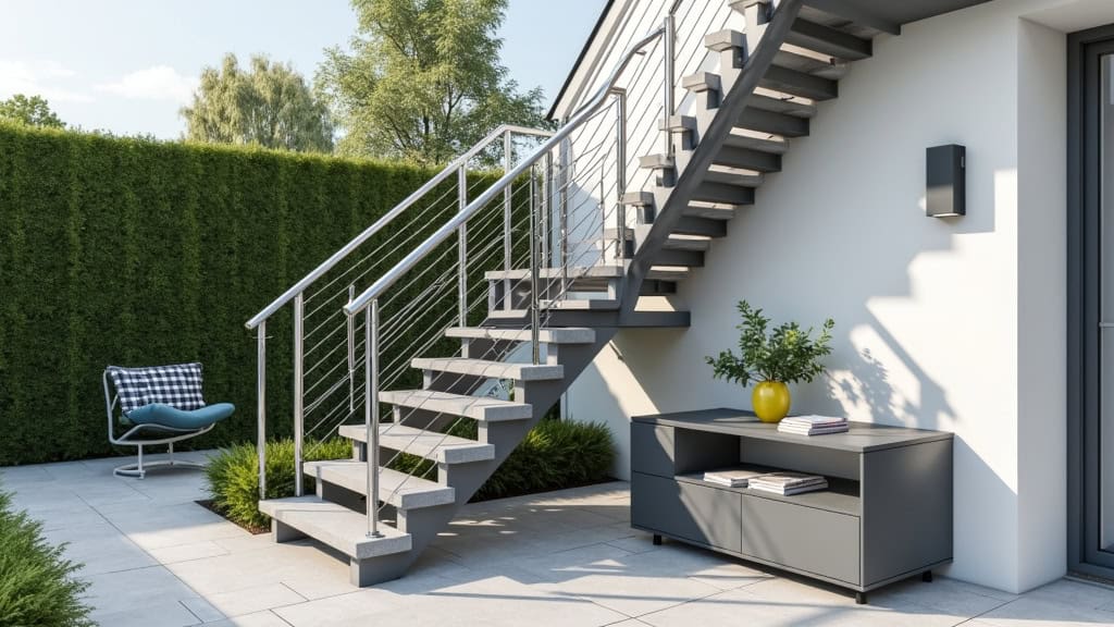 Monte-escalier extérieur en aluminium installé sur un escalier de jardin à Guemps, permettant l