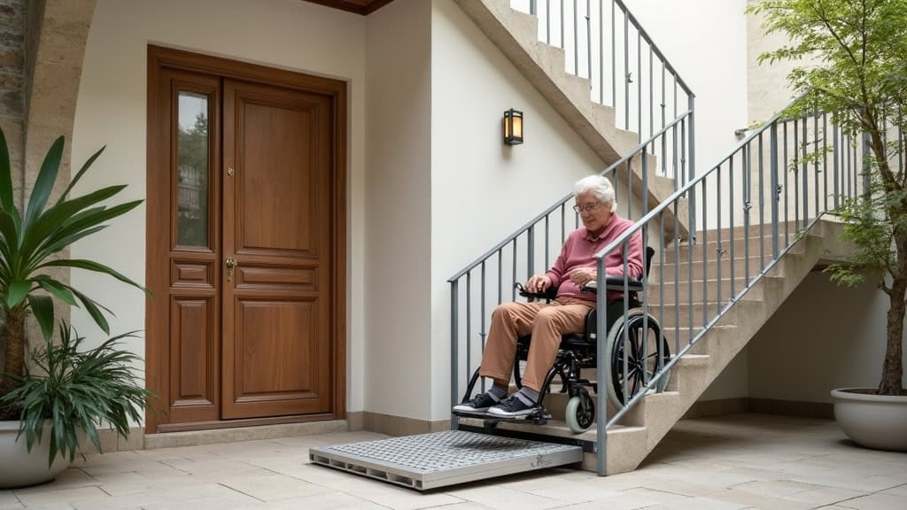 Plateforme élévatrice installée sur un escalier de maison traditionnelle à Guérigny, transportant un fauteuil roulant avec une personne âgée à bord, en toute sécurité