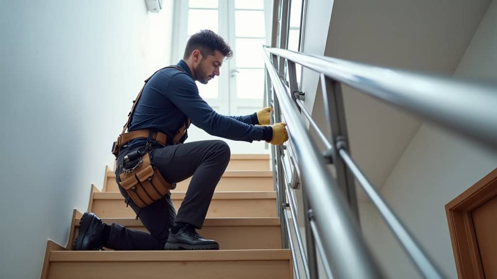 Installeur professionnel en train de fixer un rail de monte-escalier sur les marches d