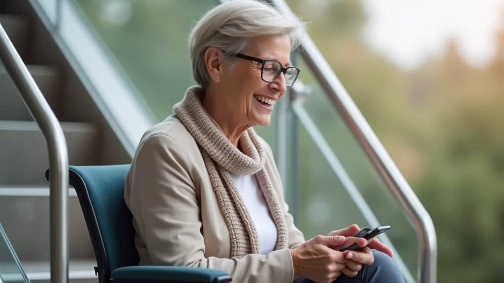 Personne âgée utilisant un monte-escalier droit à Guerlesquin, assise confortablement, souriant, avec la main sur le bouton de commande