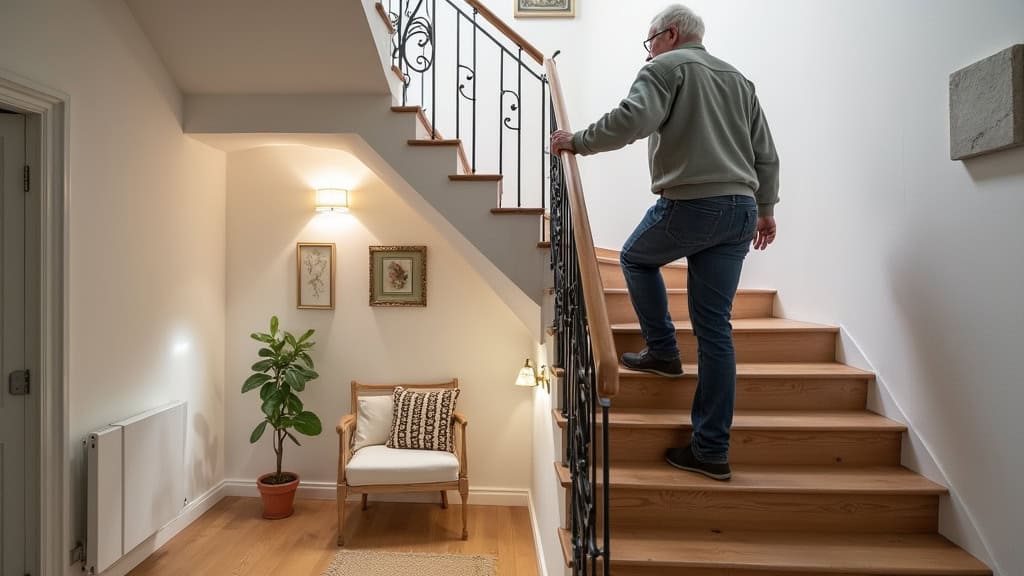 Monte-escalier courbe installé sur un escalier en colimaçon dans une maison ancienne de Guerville, avec un utilisateur âgé en train d