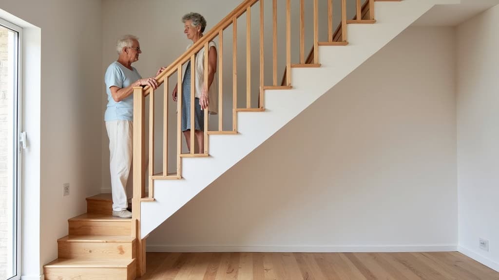 Monte-escalier droit installé sur un escalier en bois dans une maison à Guidel, avec une personne âgée s
