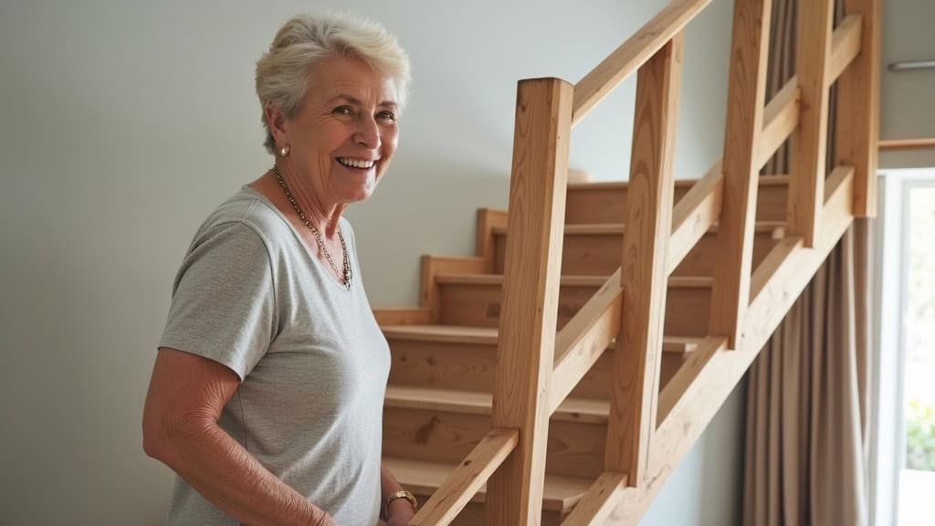 Monte-escalier en bois clair intégré à une maison de style breton, avec une personne âgée souriante qui descend les marches en toute sécurité