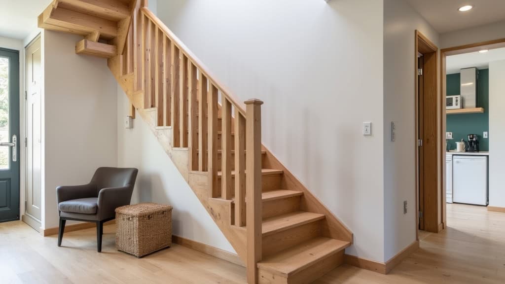 Monte-escalier à siège installé sur un escalier droit en bois dans une maison typique de Guissény