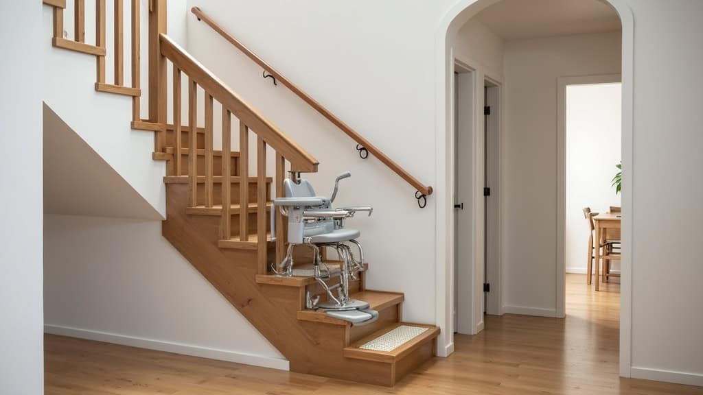 Monte-escalier à plateforme pour fauteuil roulant installé dans un escalier intérieur en bois, avec un fauteuil roulant sécurisé sur la plateforme