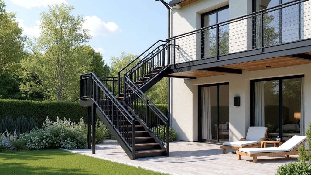 Monte-escalier extérieur en aluminium noir installé sur une terrasse à Harfleur, avec rail discret et siège pliable, pour accéder au jardin