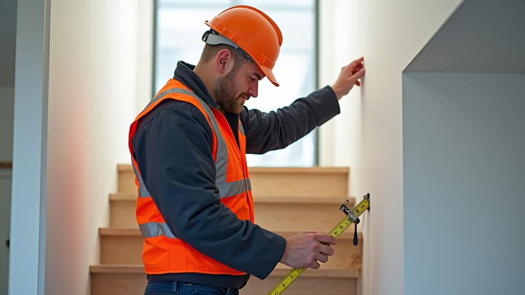Technicien en train de mesurer un escalier pour un monte-escalier en Haute-Savoie