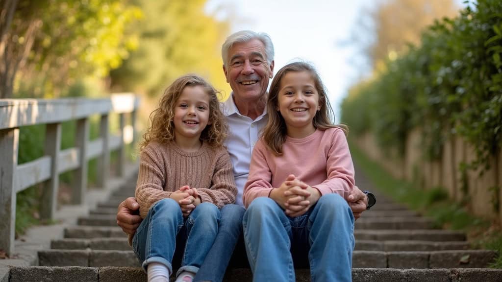 Famille souriante avec grand-parent installé sur un monte-escalier à Hauteville-lès-Dijon, en train de monter les marches avec ses petits-enfants à ses côtés