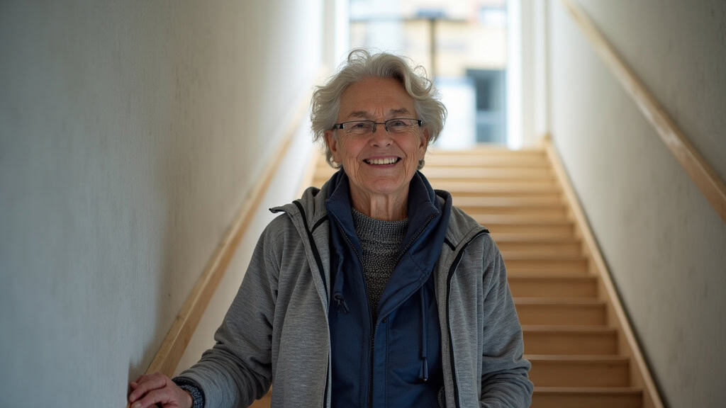Geneviève, 78 ans, à Hayange, utilisant son monte-escalier pour monter les marches de son escalier avec un sourire