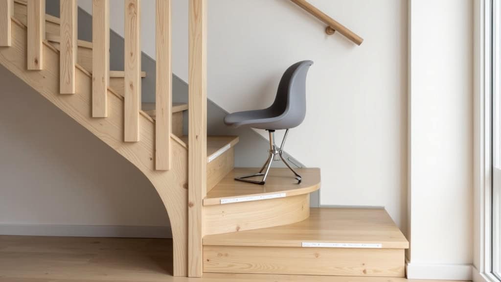 Monte-escalier droit installé sur un escalier en bois, en intérieur, à Hénin-Beaumont, avec un siège gris et une piste blanche, visible sur les marches