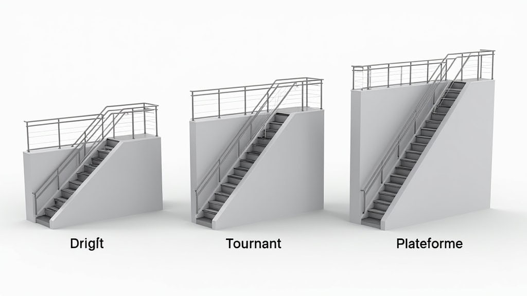 Comparaison visuelle de trois types de monte-escaliers : droit, tournant et plateforme, présentés côte à côte, avec légendes en français, pour aider au choix à Hénin-Beaumont